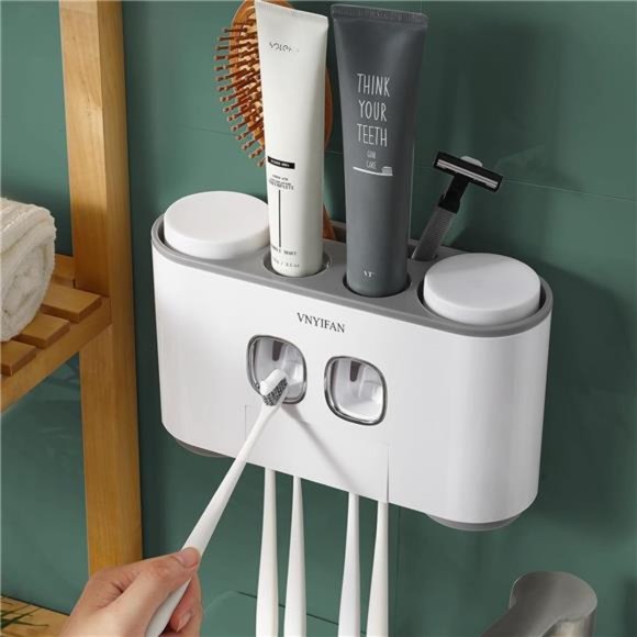 Toothbrush Holders with Toothpaste Dispenser Wall Mounted for Bathroom-4 Cups - Picture 1 of 7